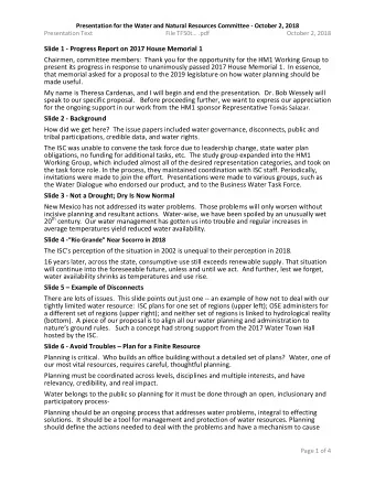 Slide 1 - Progress Report on 2017 House Memorial 1  Chairmen, committee members:  Thank you for the