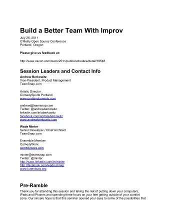 Build a Better Team With Improv  July 26, 2011  OReilly Open Source Conference  Portland, Oregon