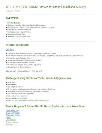 WCRIS PRESENTATION: Passion for Urban Educational Ministry  AUGUST 10, 2018  OVERVIEW  Personal