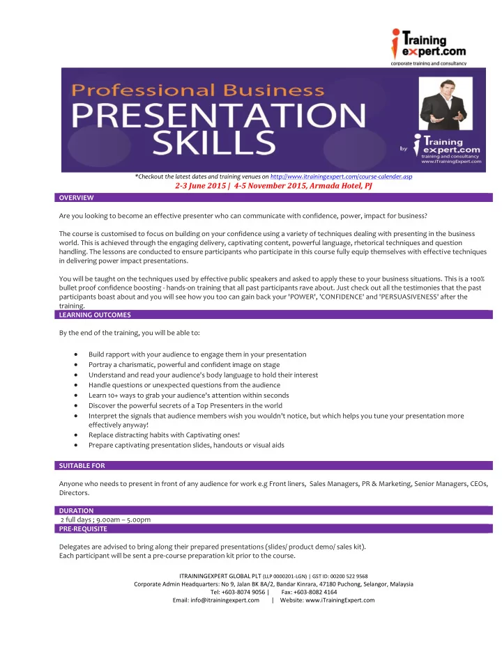 checkout the latest dates and training venues on http