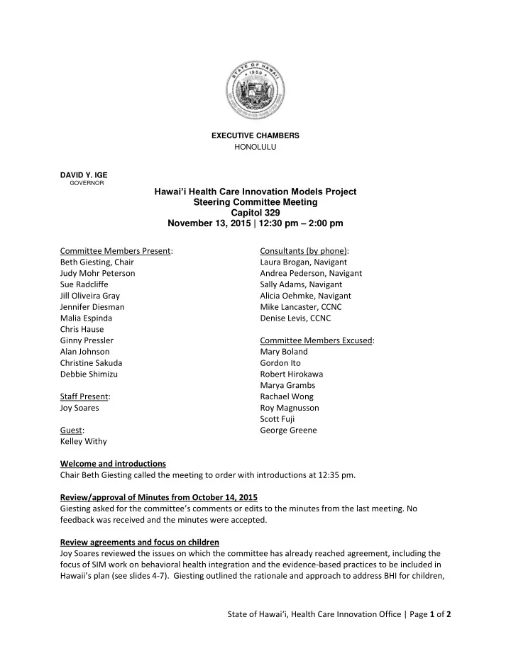 governor hawai i health care innovation models project
