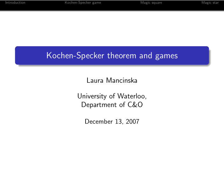 kochen specker theorem and games
