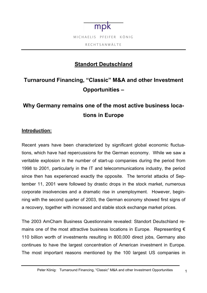 standort deutschland turnaround financing classic m a and