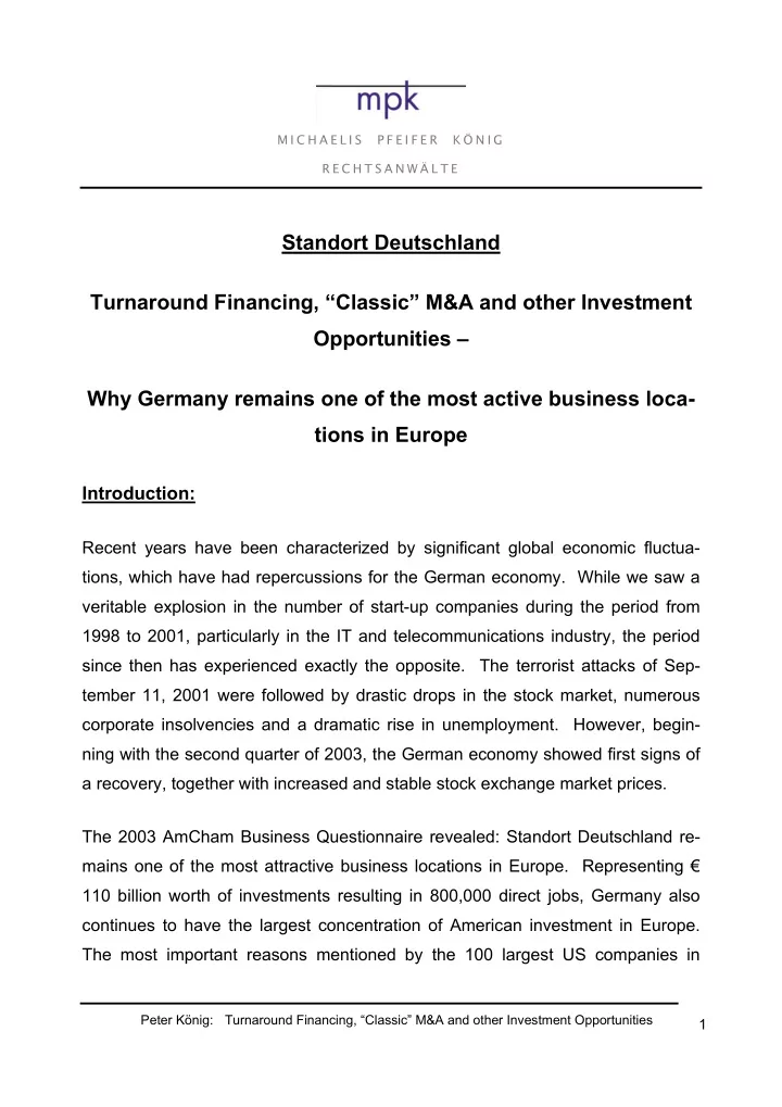standort deutschland turnaround financing classic m a and