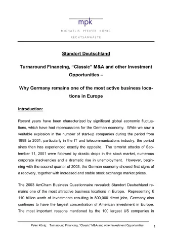 Standort Deutschland  Turnaround Financing, Classic M&amp;A and other Investment