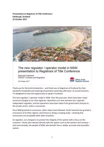 Presentation to Registrars of Title Conference  Edinburgh, Scotland  25 October 2017  Thank you for