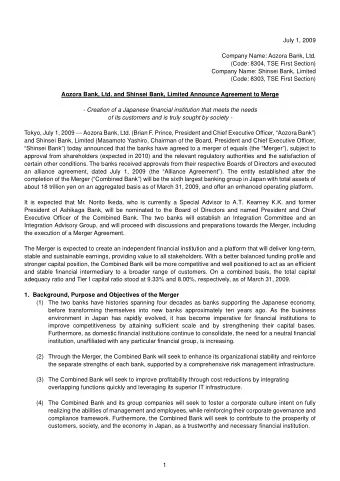 July 1, 2009  Company Name: Aozora Bank, Ltd.  (Code: 8304, TSE First Section)  Company Name: