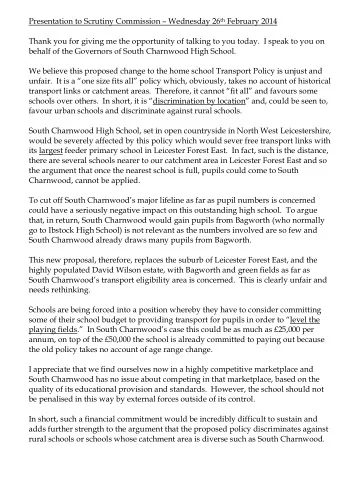 Presentation to Scrutiny Commission  Wednesday 26 th February 2014  Thank you for giving me the