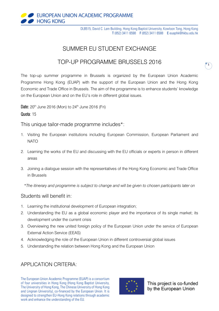 summer eu student exchange top up programme brussels 2016