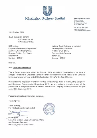 .././../  Hindustan Unilever Limited SQ19 Results Presentation : 14 th October 2019  Safe Harbor