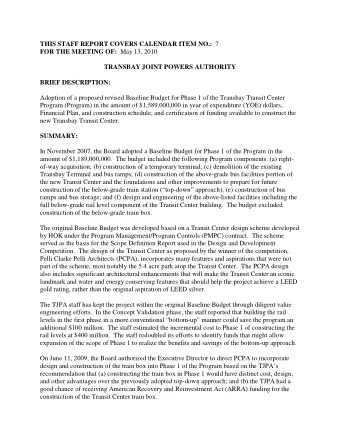 THIS STAFF REPORT COVERS CALENDAR ITEM NO.: 7 FOR THE MEETING OF: May 13, 2010  TRANSBAY JOINT