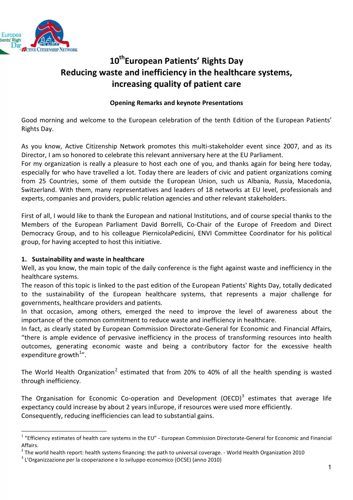 10 th european patients rights day reducing waste and