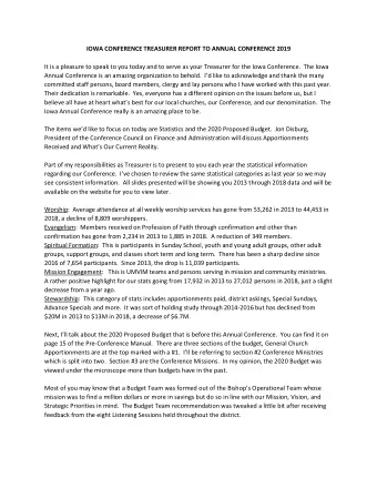 IOWA CONFERENCE TREASURER REPORT TO ANNUAL CONFERENCE 2019  It is a pleasure to speak to you today