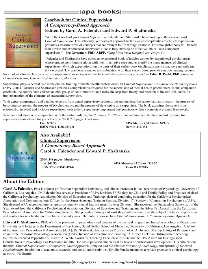 about the editors carol a falender phd is adjunct