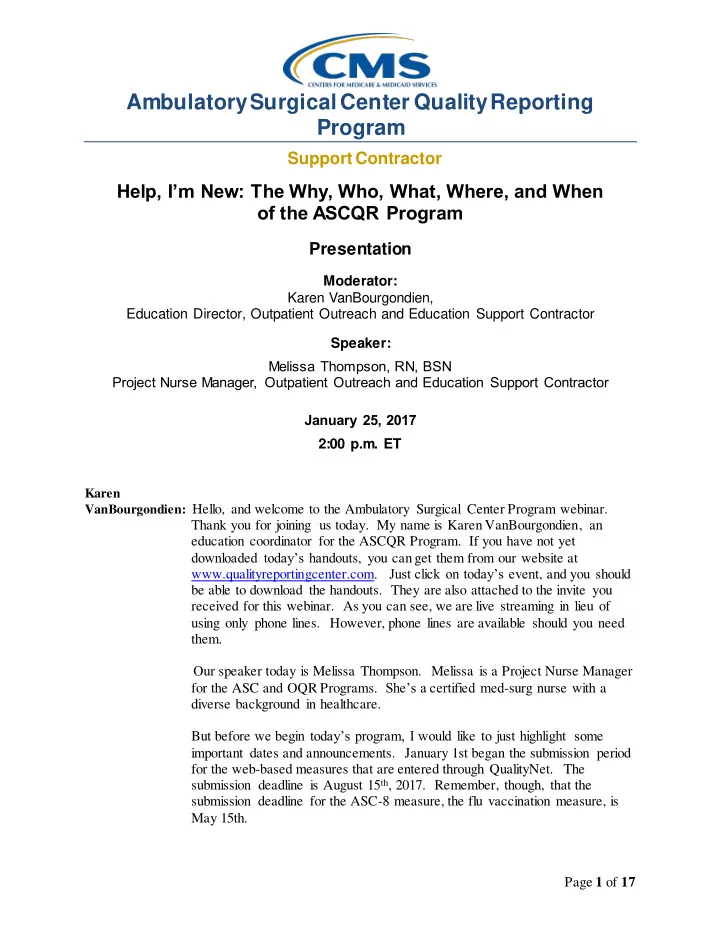 ambulatory surgical center quality reporting program