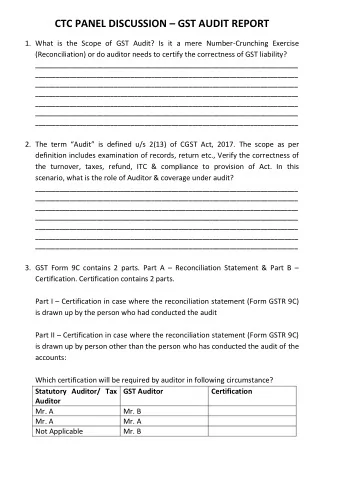 CTC PANEL DISCUSSION  GST AUDIT REPORT 1. What is the Scope of GST Audit? Is it a mere