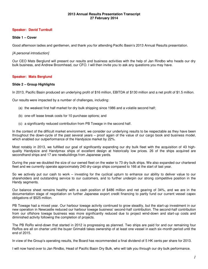 2013 annual results presentation transcript 27 february
