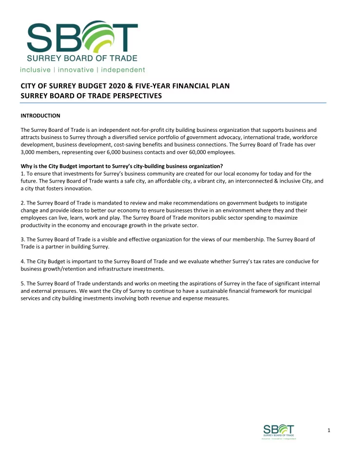city of surrey budget 2020 five year financial plan