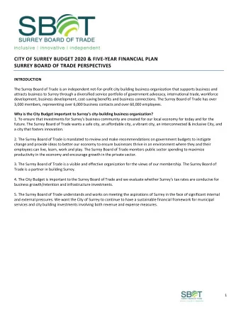 CITY OF SURREY BUDGET 2020 &amp; FIVE-YEAR FINANCIAL PLAN  SURREY BOARD OF TRADE PERSPECTIVES