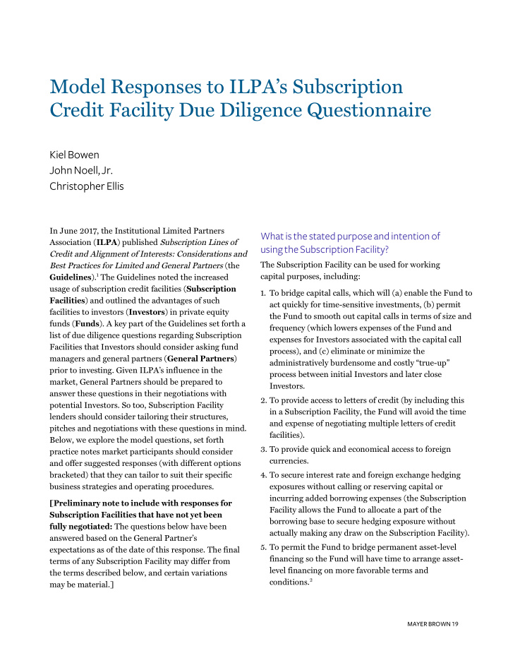 model responses to ilpa s subscription credit facility