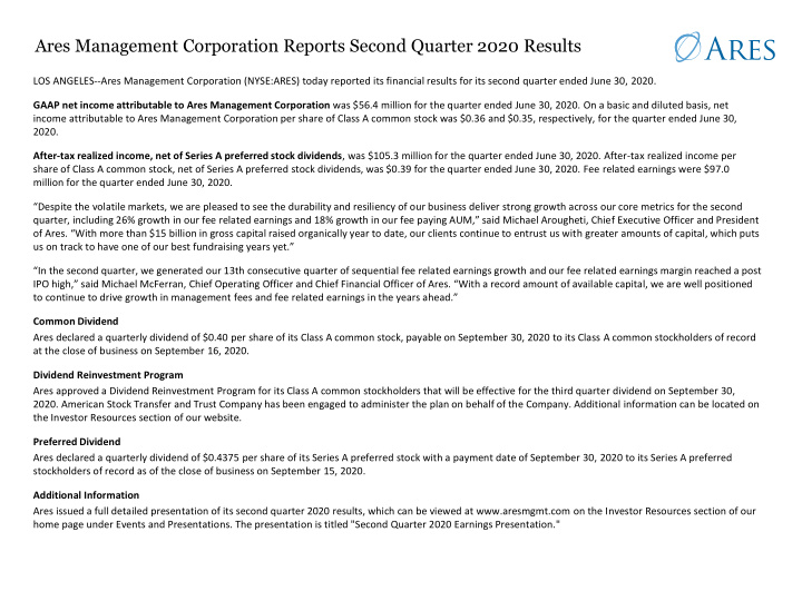 ares management corporation reports second quarter 2020