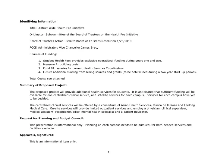 1 background the initiation of a student health fee and
