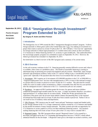 EB-5 Immigration through Investment  September 28, 2012  Program Extended to 2015  Practice