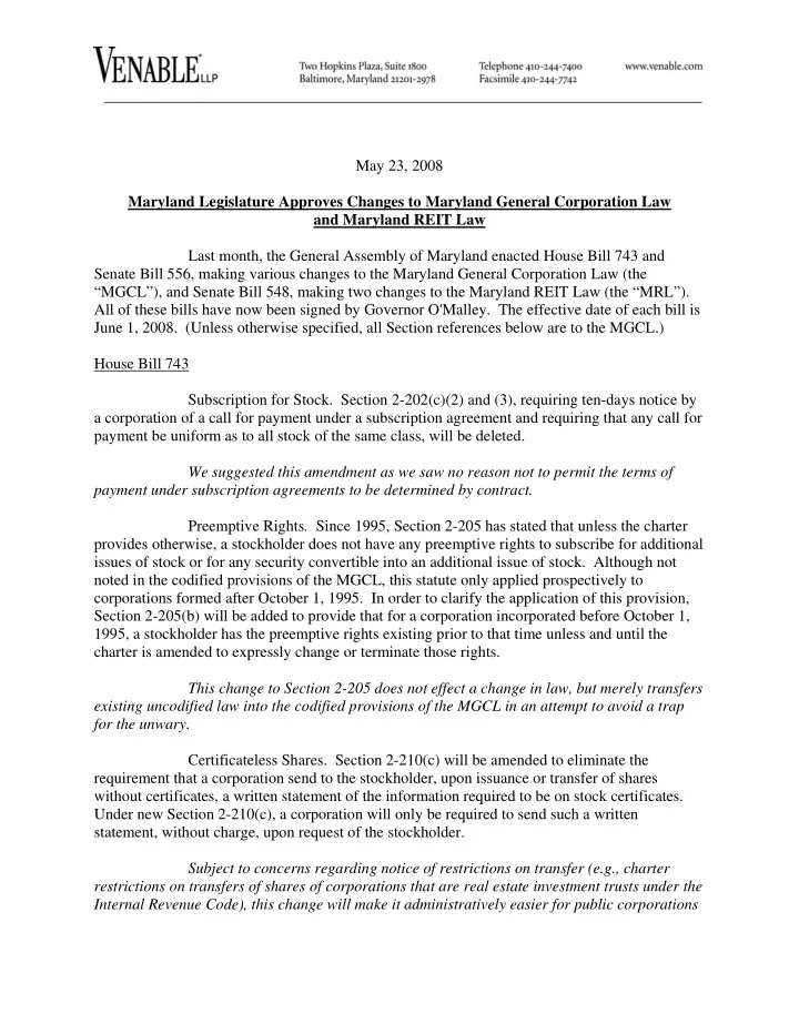 may 23 2008 maryland legislature approves changes to