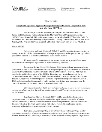 May 23, 2008  Maryland Legislature Approves Changes to Maryland General Corporation Law  and