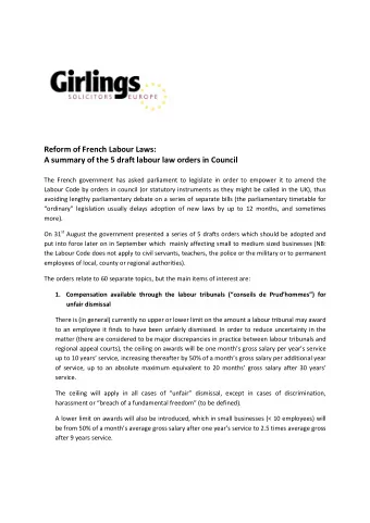 Reform of French Labour Laws:  A summary of the 5 draft labour law orders in Council  The French