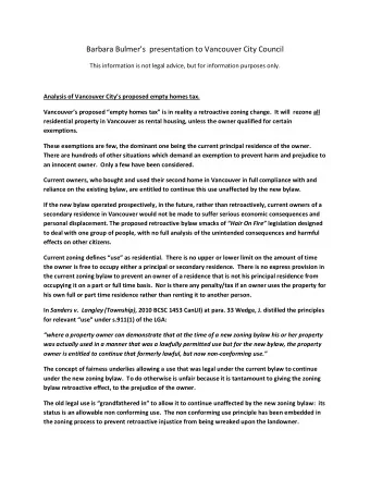 Barbara Bulmers  presentation to Vancouver City Council This information is not legal advice,