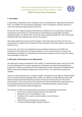 promoting productivity and working conditions in SMEs UNIDO Tirisano Cluster Programme  1. The