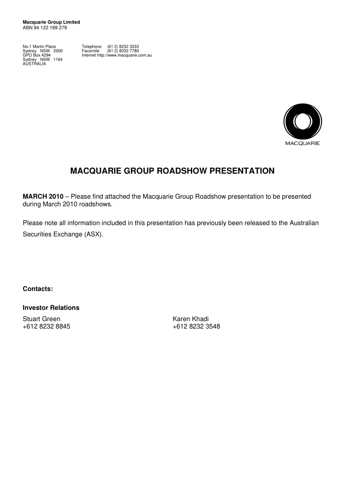 macquarie group roadshow presentation