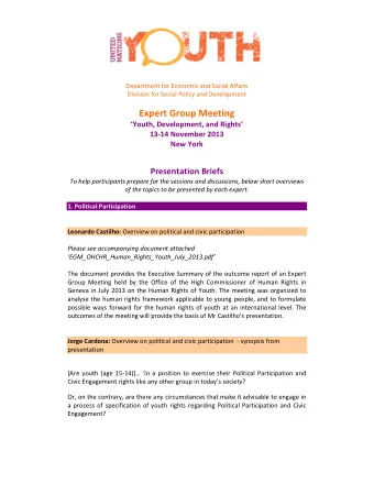 Expert Group Meeting  Youth, Development, and Rights  13-14 November 2013  New York