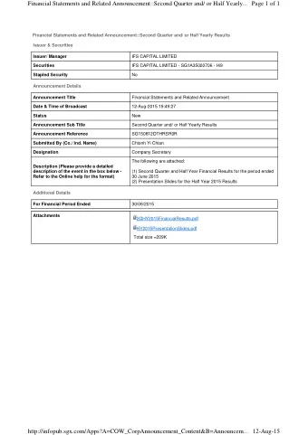 Financial Statements and Related Announcement::Second Quarter and/ or Half Yearly...  Page 1 of 1