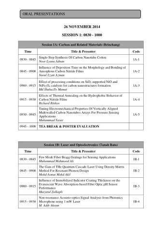 ORAL PRESENTATIONS  26 NOVEMBER 2014  SESSION 1: 0830 - 1000  Session 1A: Carbon and Related