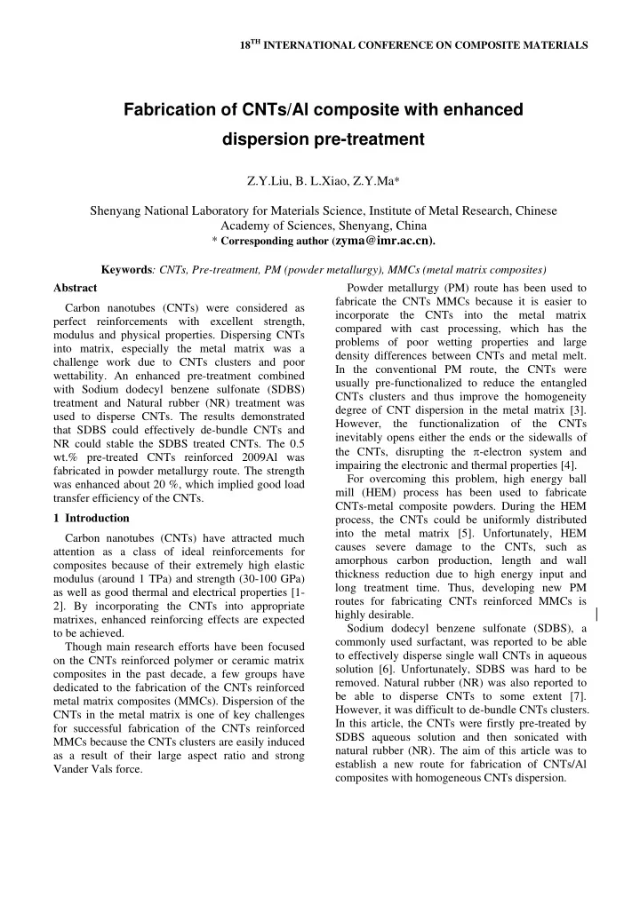 fabrication of cnts al composite with enhanced dispersion