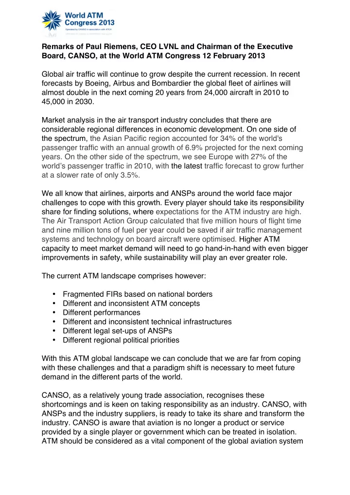 remarks of paul riemens ceo lvnl and chairman of the