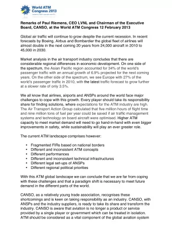 Remarks of Paul Riemens, CEO LVNL and Chairman of the Executive  Board, CANSO, at the World ATM