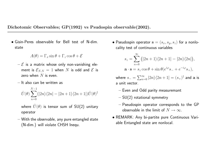 dichotomic observables gp 1992 vs psudospin observable