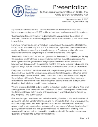 Presentation  To The Legislative Committee on Bill 28  The  Public Sector Sustainability Act