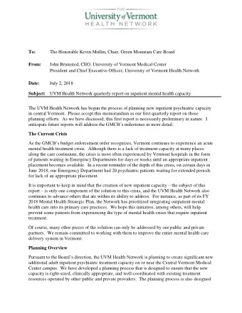 To:  The Honorable Kevin Mullin, Chair, Green Mountain Care Board  From:  John Brumsted, CEO,