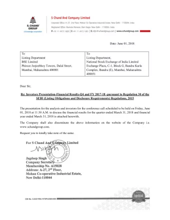 Date: June 01, 2018  To  To  Listing Department  Listing Department,  BSE Limited  National Stock