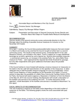 20  Office of the City Manager  ACTION CALENDAR  May 6, 2014  To:  Honorable Mayor and Members of