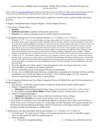 A brief overview of Bible and Government: Public Policy from a Christian Perspective  By John
