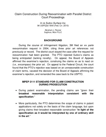 Claim Construction During Reexamination with Parallel District  Court Proceedings  In re Suitco