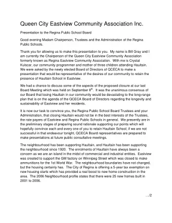 Queen City Eastview Community Association Inc.  Presentation to the Regina Public School Board
