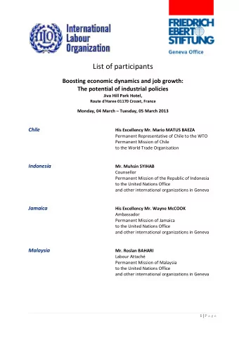 List of participants  Boosting economic dynamics and job growth:  The potential of industrial