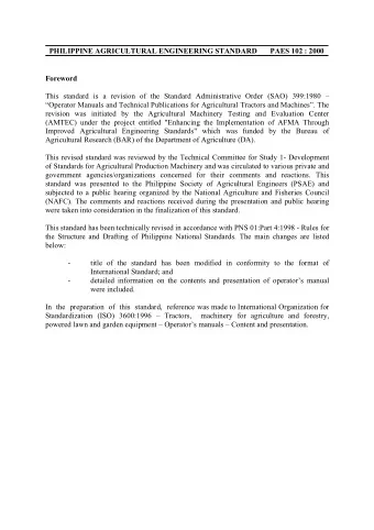 PHILIPPINE AGRICULTURAL ENGINEERING STANDARD       PAES 102 : 2000  Foreword  This standard is a