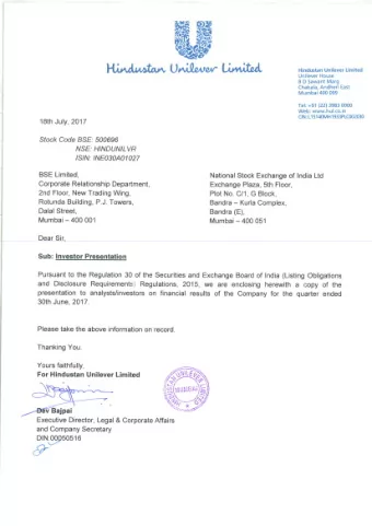 Hindustan Unilever Limited JQ 17 Results Presentation : 18 th July 2017  1 Safe Harbor Statement